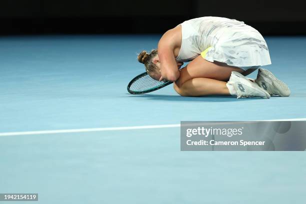 Anna Blinkova celebrates match point in their round two singles match against Elena Rybakina of Kazakhstan during the 2024 Australian Open at...