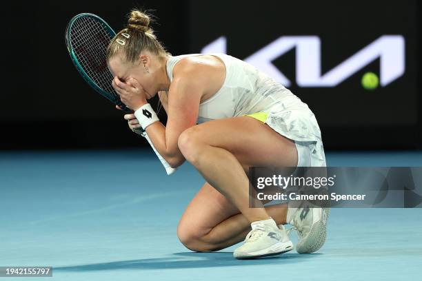 Anna Blinkova celebrates match point in their round two singles match against Elena Rybakina of Kazakhstan during the 2024 Australian Open at...