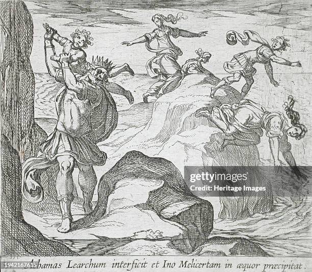 The Insane Athamas Killing Learchus, While Ino and Melicertes Jump into the Sea, published 1606. From The Metamorphoses of Ovid, pl. 39.