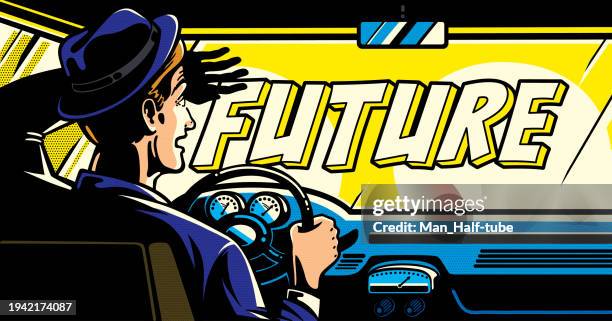 man behind the wheel of a car, moving toward a bright future, pop art - man chasing car stock illustrations