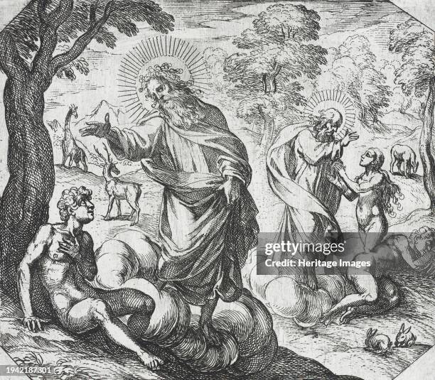 God Creating Adam and Eve, circa 1600. Series: The Creation of the World. Creator: Antonio Tempesta.