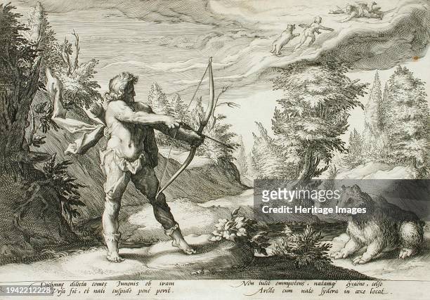 Arcas Preparing to Kill his Mother, Changed into a Bear, published 1590. Plate: Metamorphoses by Ovid, book 2, plate 9. Creator: Hendrik Goltzius.