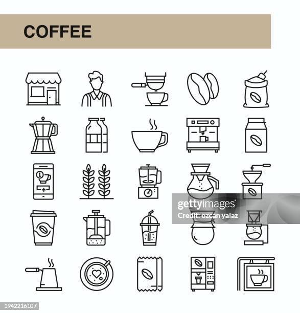 coffee shop ambience line icons editable stroke. coffee tree , coffee bean , latte , moka pot , coffee maker , french press - drinking milk stock illustrations