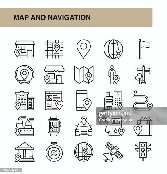 map and navigation thin line vector icon set. the design is editable and the color can be changed. vector set of creativity icons: navigation , map , gps , location , address - cell signaling pathway stock illustrations