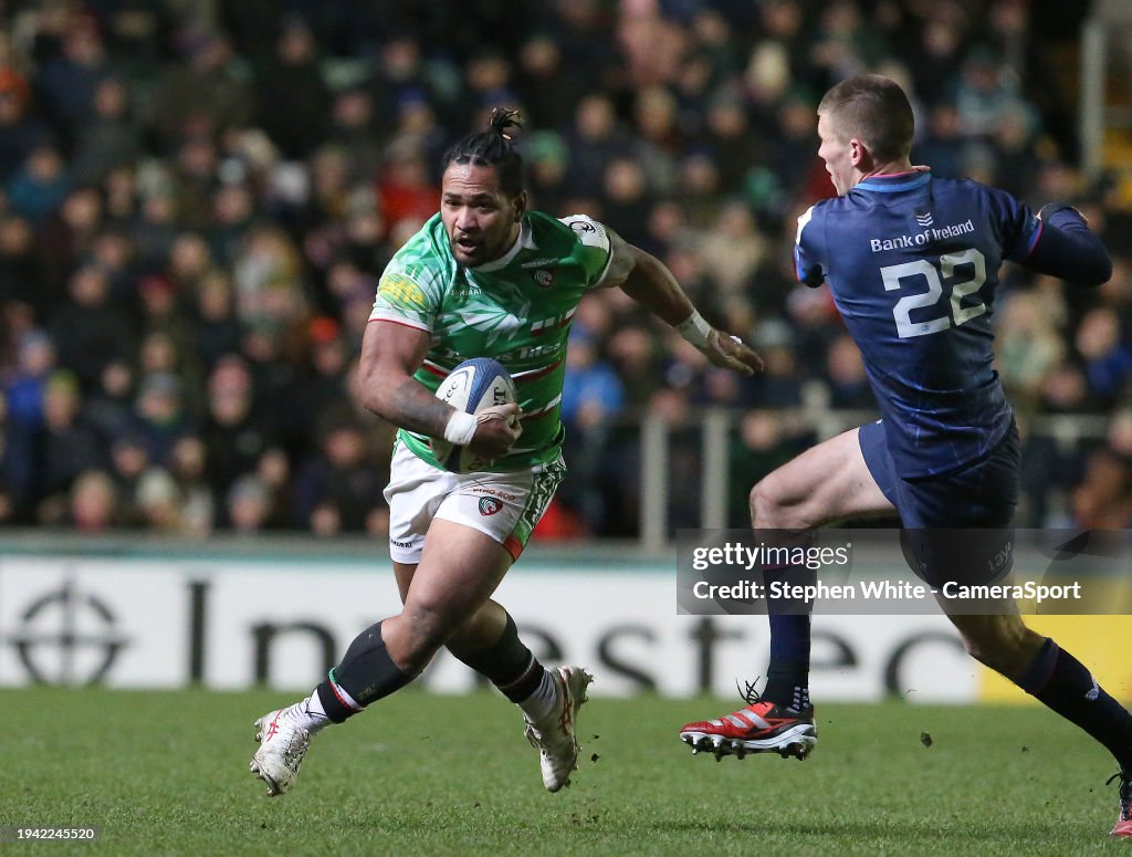 Leiscter Rugby Leicester Tigers' Solomone Kata is tackled by Leinster Rugby's Sam ...