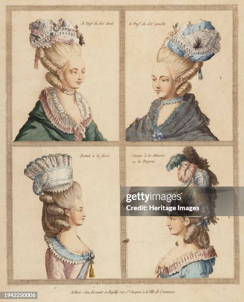 France, Rapilly, 18th Century Print showing Headdresses Engraving, hand-tinted gouach, 18th century. Creator: Unknown.