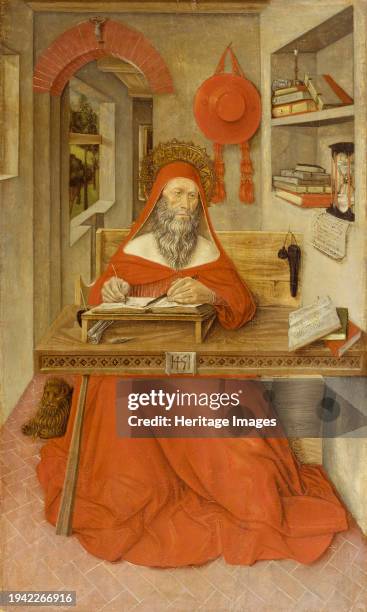 Saint Jerome in His Study, 1451. Saint Jerome was one of the four Latin Fathers of the Church and renowned for his learning, distilled in his...