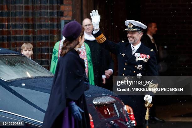 King Frederik X and Queen Mary of Denmark arrive for a church service on the occasion of the change of throne in Denmark, in front of Aarhus...