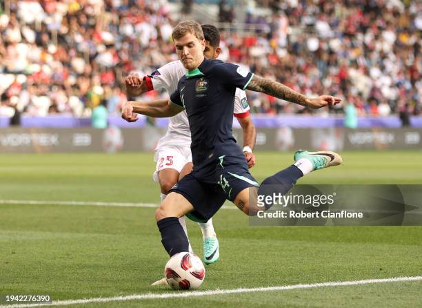 Riley McGree of Australia shoots during the AFC Asian Cup Group B match between Syria and Australia at Jassim Bin Hamad Stadium on January 18, 2024...