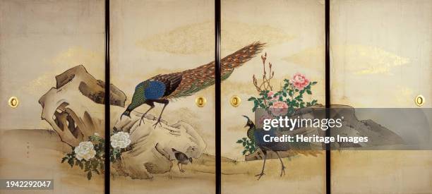 Peacock and Peahen with Chick and Peonies, circa 1840-50. The season is summer, and there is order in the world: on the left, poppa peacock, big...