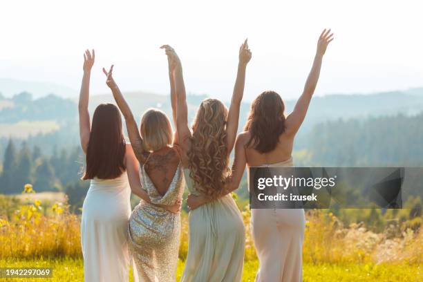 amies dans des robes élégantes regardant les montagnes - bridesmaid dress photos et images de collection