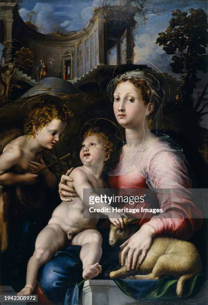 The Madonna and Child with Saint John the Baptist, 1522-1524. Both Mary and the Christ Child rest their hands on the Lamb of God, a symbol of Jesus'...