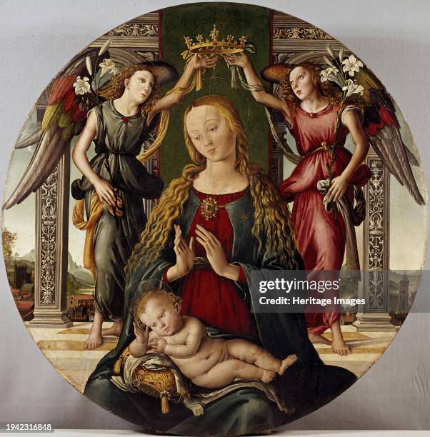 Madonna and Child with Two Angels, circa 1500. This �“tondo” shows two lily-bearing angels striding toward the Madonna and crowning her as Queen of...