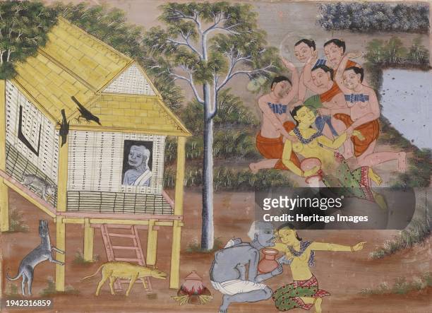 Vessantara Jataka, Chapter 5 , circa 1920-1940. The old brahmin Jujaka is poor but has a young, beautiful wife named Amittatapana. When Amittatapana...
