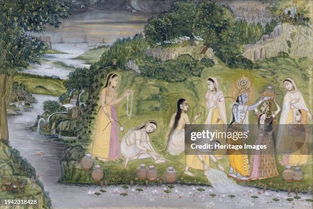 Krishna with Gopis on a Riverbank, 1750-1775. The god Krishna places a water pot on the head of Radha, his beloved. Radha is probably also depicted...