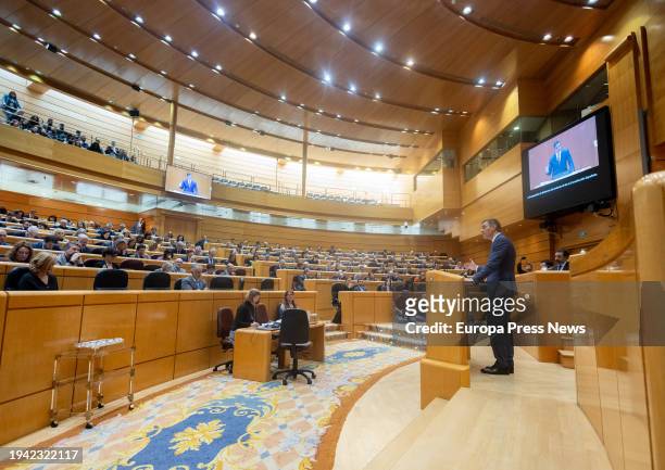 The President of the Government, Pedro Sanchez, speaks during the extraordinary session of Congress, at the Senate Palace, on 18 January, 2024 in...