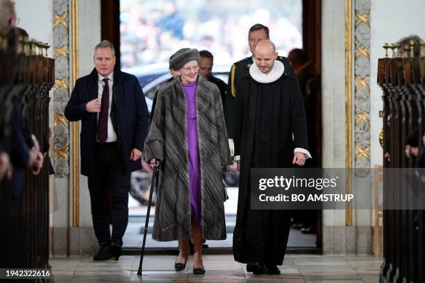 Queen Margrethe arrives for a church service with Denmark's new King and Queen on the occasion of the change of throne in Denmark, in front of Aarhus...