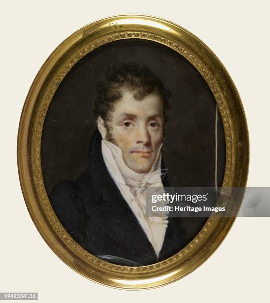 Portrait of a man, 1810-1825. Bust-length portrait of a man with brown curly hair, in dark blue or black coat with high white collar, jabot and vest....