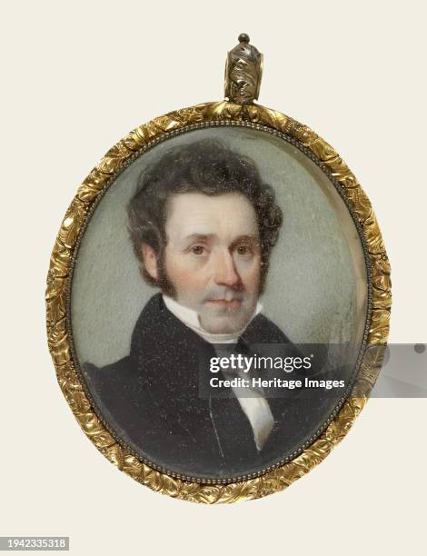 Mr. Bullard, 1800-1825. Bust-length portrait of a gentleman in three-quarter to the left profile, with curly brown hair, wearing a black coat, white...