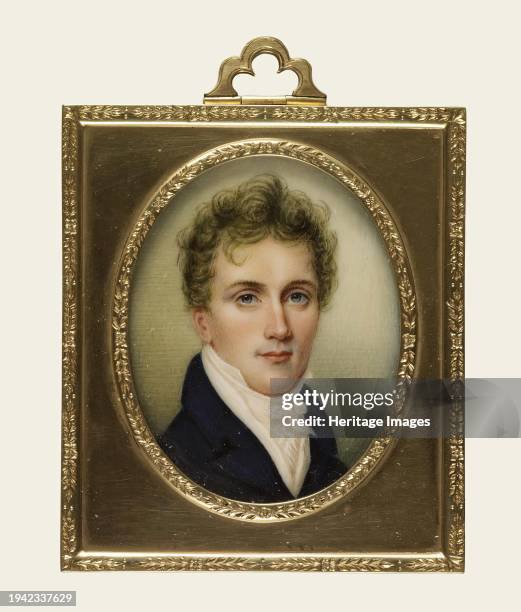 Alexander Hewling, circa 1800 . Bust-length portrait with brown curly hair, wearing a blue coat and a white stock. Copy after Edward Greene Malbone....