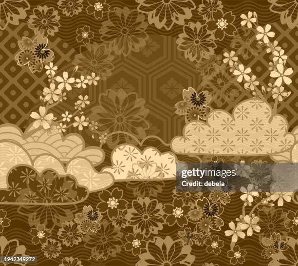 japanese clouds and cherry blossom flowers. traditional dark gold pattern design. - japanese cloud pattern stock illustrations