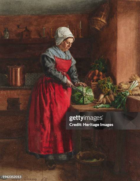 Cook in a Red Apron in the Inn at Vaugirard, 1862. A cook wearing a vermilion apron is chopping a large cabbage. Commonplace vegetables are strewn in...