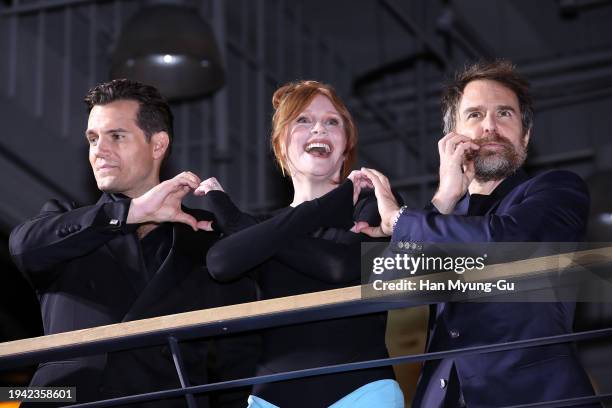 Actors Henry Cavill, Bryce Dallas Howard and Sam Rockwell attend the Seoul Premiere of "Argylle" on January 18, 2024 in Seoul, South Korea.