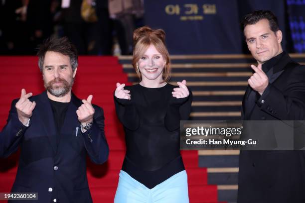 Actors Henry Cavill, Bryce Dallas Howard and Sam Rockwell attend the Seoul Premiere of "Argylle" on January 18, 2024 in Seoul, South Korea.