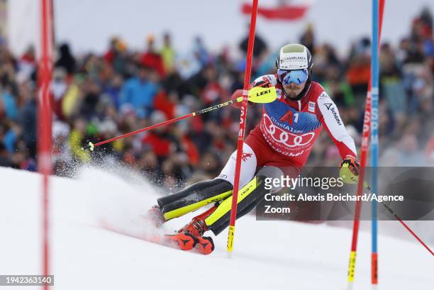 Manuel Feller of Team Austria in action during the Audi FIS Alpine Ski World Cup Men's Slalom on January 21, 2024 in Kitzbuehel, Austria.