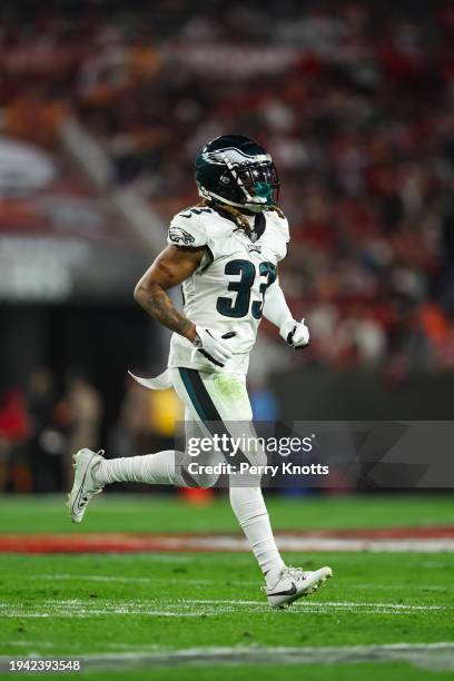 Bradley Roby of the Philadelphia Eagles looks on from the field during an NFL Wild Card playoff football game against the Tampa Bay Buccaneers at...