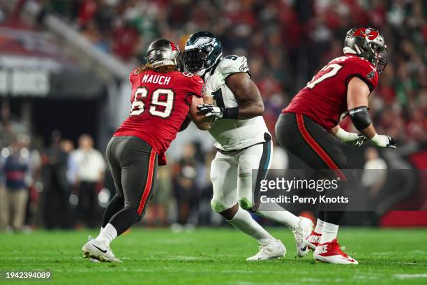 Fletcher Cox of the Philadelphia Eagles blocks during an NFL Wild Card playoff football game against the Tampa Bay Buccaneers at Raymond James...