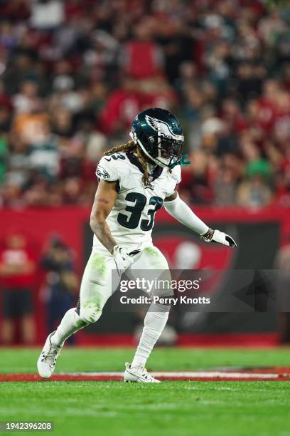 Bradley Roby of the Philadelphia Eagles defends in coverage during an NFL Wild Card playoff football game against the Tampa Bay Buccaneers at Raymond...