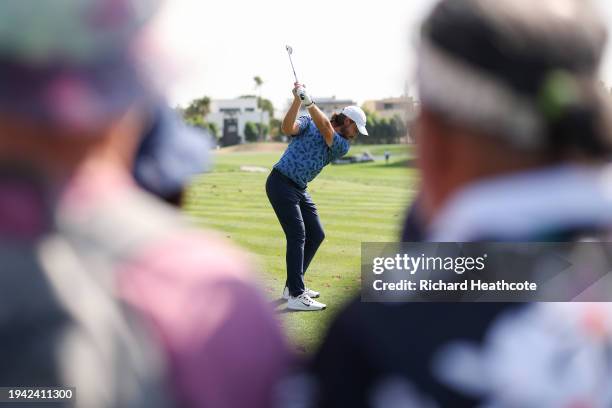 Tommy Fleetwood of England tee's off at the 4th on day one of the Hero Dubai Desert Classic at Emirates Golf Club on January 18, 2024 in Dubai,...