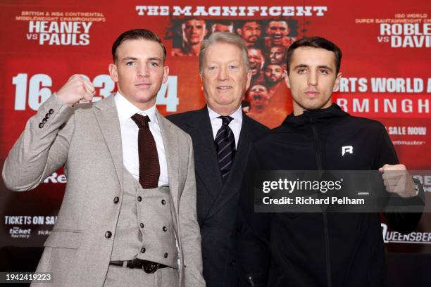 Dennis McCann, promoter Frank Warren and Bradley Strand pose for a photo during the Magnificent Seven Ride Again Press Conference at Glaziers Hall on...