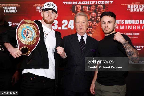 Eithan James, promoter Frank Warren looks on as and Owen Cooper pose for a photo during the Magnificent Seven Ride Again Press Conference at Glaziers...