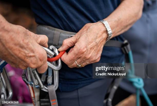 gros plan d’une grimpeuse senior se préparant à l’escalade - mousqueton photos et images de collection