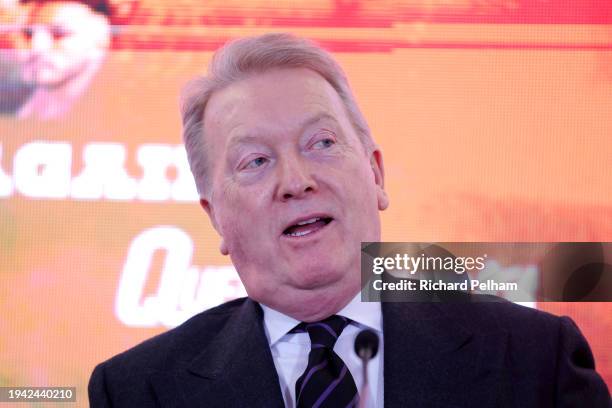 Promoter Frank Warren speaks during the Magnificent Seven Ride Again Press Conference at Glaziers Hall on January 18, 2024 in London, England.