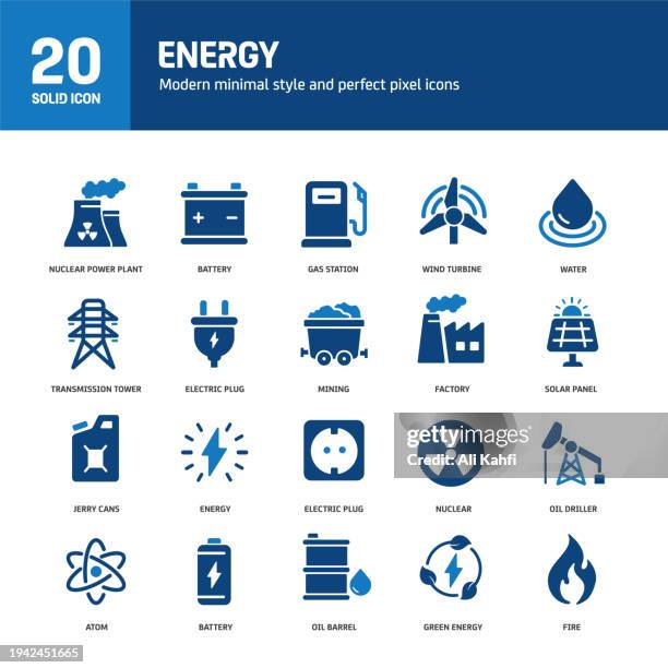 stockillustraties, clipart, cartoons en iconen met energy solid icons. containing fuel, nuclear, green energy, battery, oil solid icons collection. vector illustration. for website design, logo, app, template, ui, etc. - nuclear power station