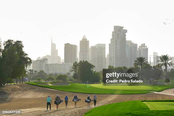 Ryan Fox of New Zeland, Cameron Young of the United States and Tommy Fleetwood of England walk through 14th hole during the first round of the Hero...