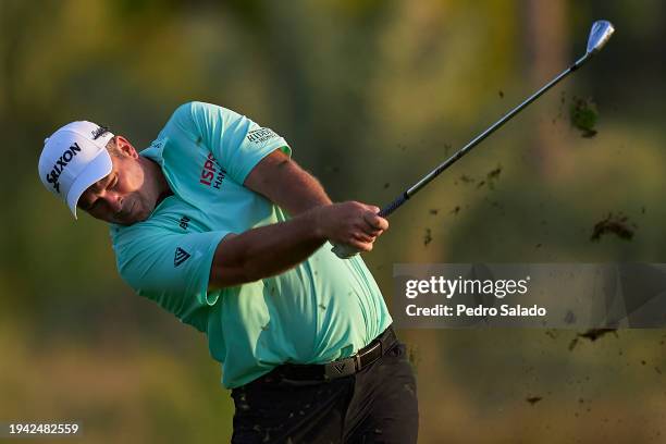 Ryan Fox of New Zealand plays his second shot on 16th hole during the first round of the Hero Dubai Desert Classic on the Majlis Course at Emirates...