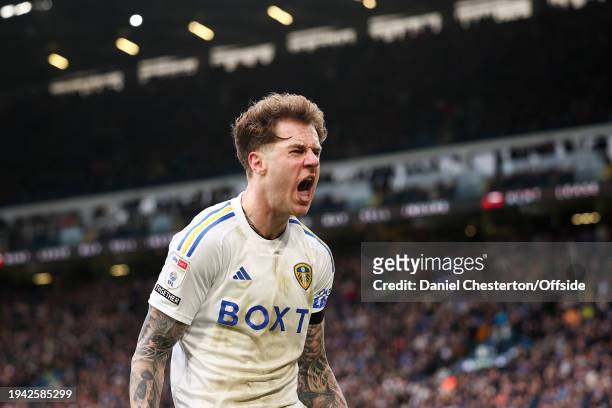 Joe Rodon of Leeds United celebrates during the Sky Bet Championship match between Leeds United and Preston North End at Elland Road on January 21,...