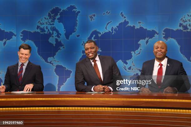 Jacob Elordi, Renée Rapp" Episode 1853 -- Pictured: Anchor Colin Jost, anchor Michael Che, and Devon Walker as Senator Tim Scott during Weekend...