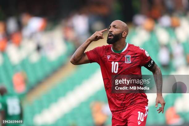 Emilio Nsue of Equatorial Guinea scores the first goal during the TotalEnergies CAF Africa Cup of Nations group stage match between Equatorial Guinea...