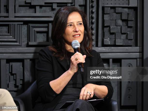 Sundance Institute CEO Joana Vicente speaks onstage at the Sundance Scoop Press Conference during the 2024 Sundance Film Festival at Filmmaker Lodge...