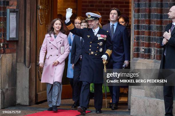 King Frederik X greets the crowd after a church service on the occasion of the change of throne in Denmark, in Aarhus Cathedral, on January 21, 2024....