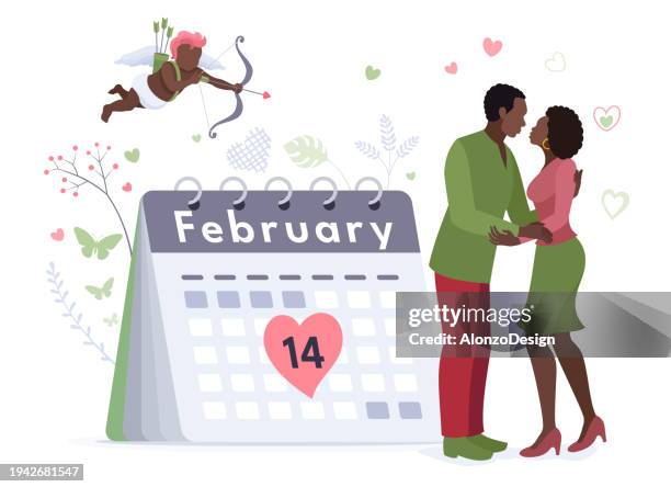 ilustraciones, imágenes clip art, dibujos animados e iconos de stock de afro cupid soars gracefully above the calendar, marking february 14th in celebration of valentine's day. - kiss paper