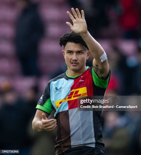 Harlequins' Marcus Smith during the Investec Champions Cup match between Harlequins and Ulster Rugby at Twickenham Stoop on January 20, 2024 in...