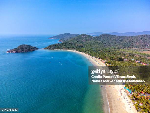 aerial view of the canacona district of south goa showing beautiful view of the hills and island along with the palolem beach - goa resort stock pictures, royalty-free photos & images