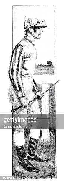 jockey mit peitsche, auf der rennstrecke stehend, seitenansicht - pferderennbahn stock-grafiken, -clipart, -cartoons und -symbole