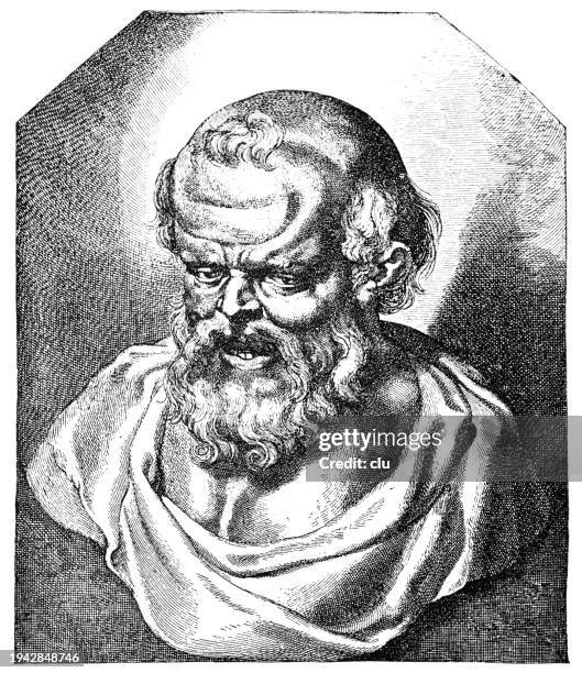 democritus bust, as a student of leukipp he worked and taught in his hometown abdera and influenced the hellenistic philosopher epicurus - democritus stock illustrations